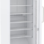 Solid door, open, shelves showing, upright refrigerator