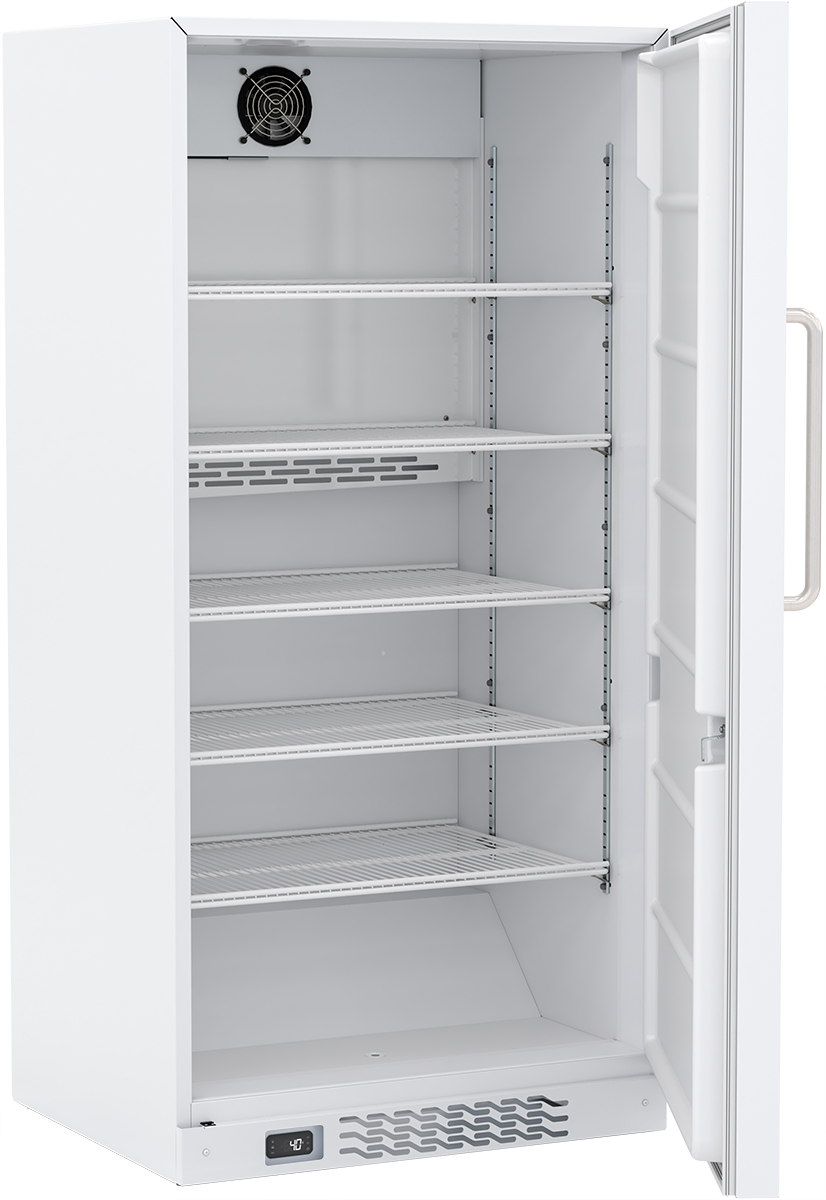 Solid door, open, shelves showing, upright refrigerator