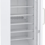 Door open, refrigerator, upright, showing shelves