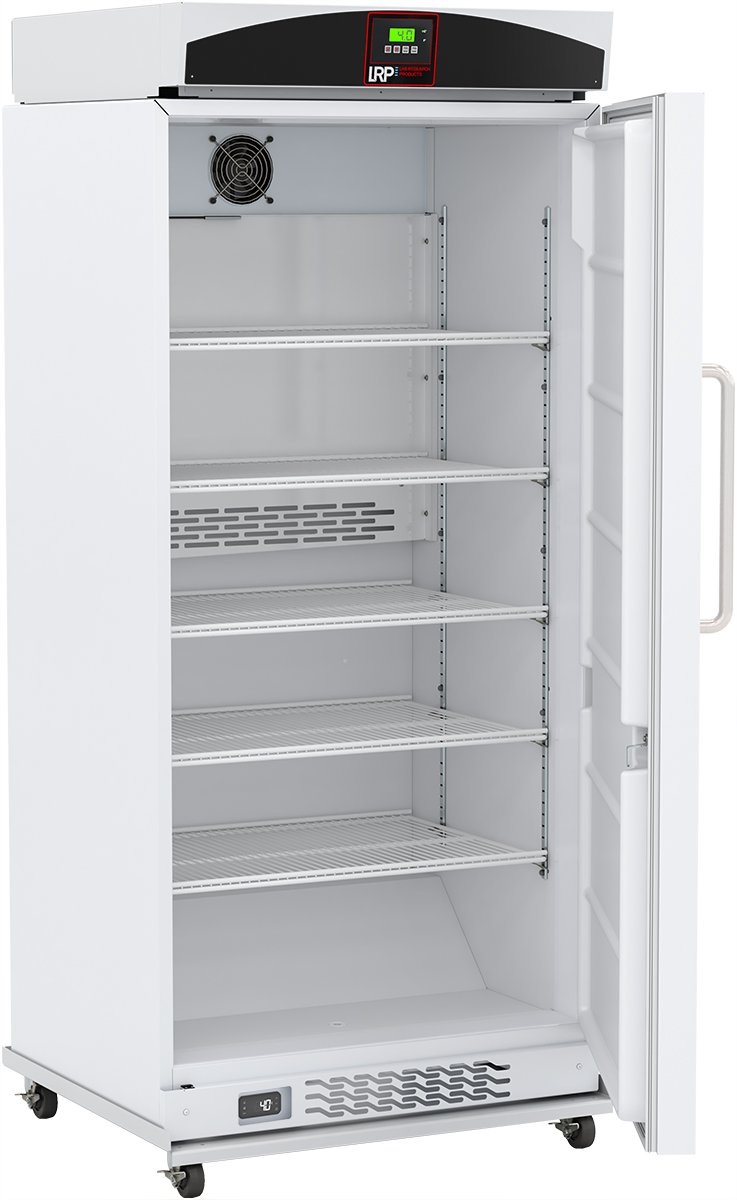 Door open, refrigerator, upright, showing shelves