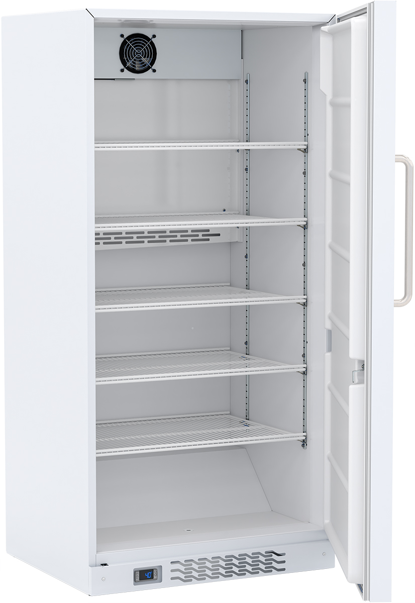 LRP-HC-ERS-30 Int Image Solid door upright flammable storage refrigerator, door open, shelves showing