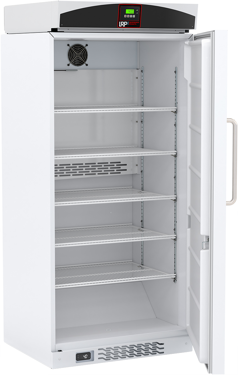 LRP-HC-FRP-30 Int Image Solid door, open, touchpad display flammable storage refrigerator, shelves showing