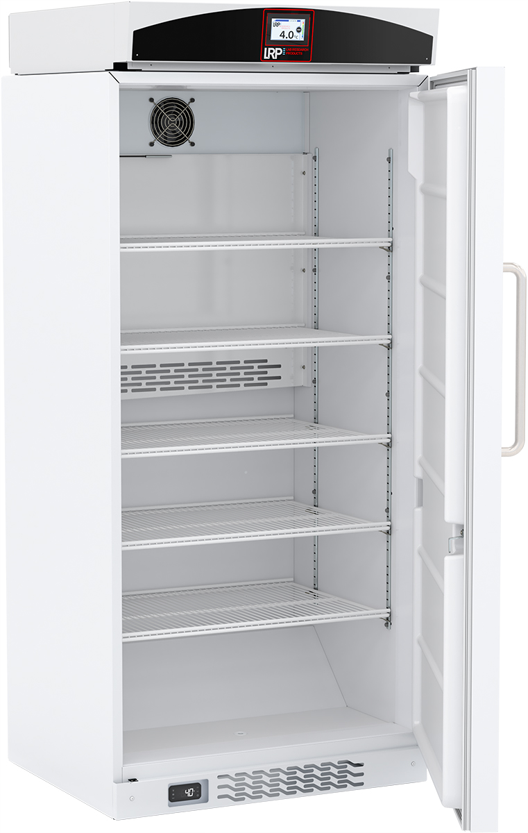 LRP-HC-FRP-30-TS Int Image Door Open, Flammable Storage Refrigerator, Five shelves in view